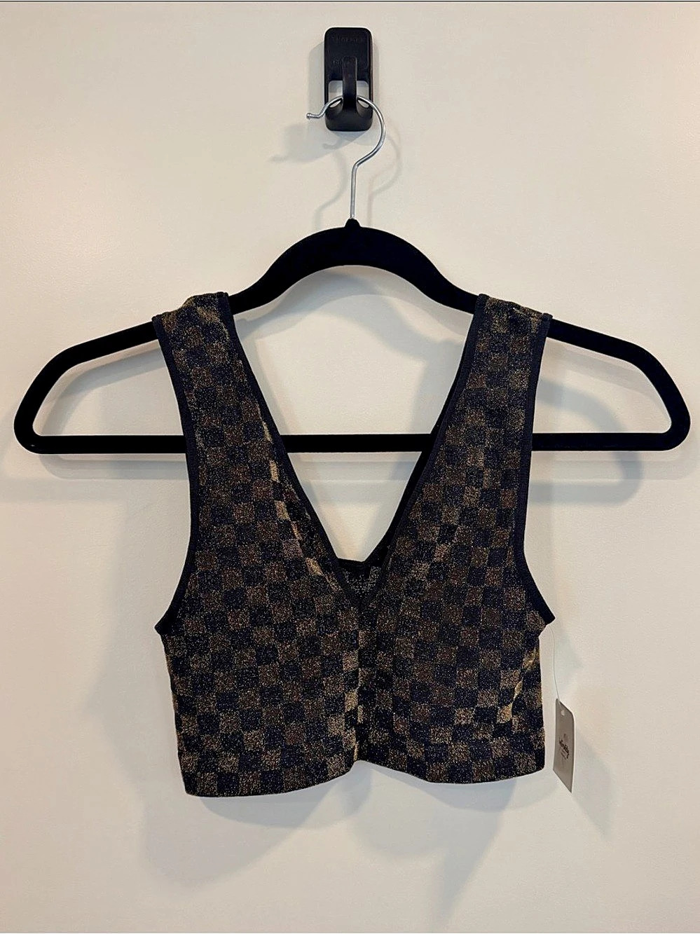 NWT Intimately By Free People Checkered Metallic V-Neck Crop Top XS/S - Picture 3 of 5